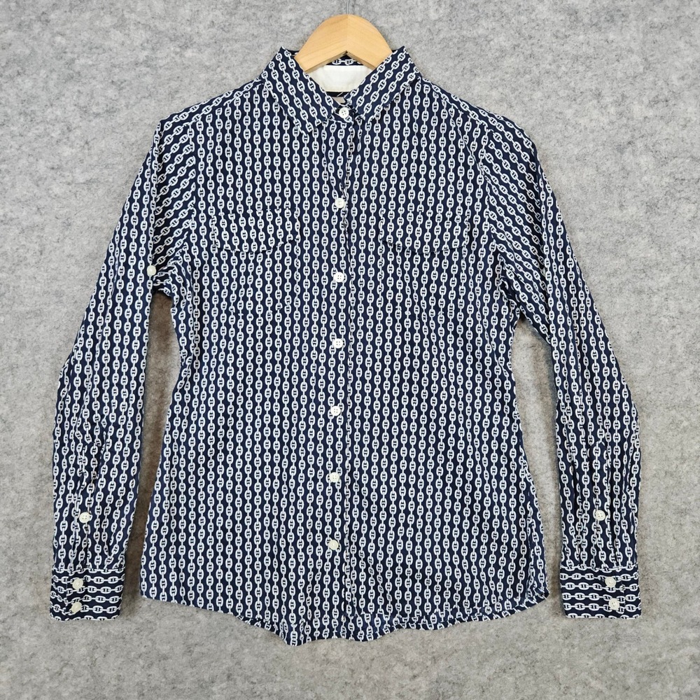 Nautica Women's Blue Chain Pattern Shirt Size M 100% Cotton Roll Tab Sleeves